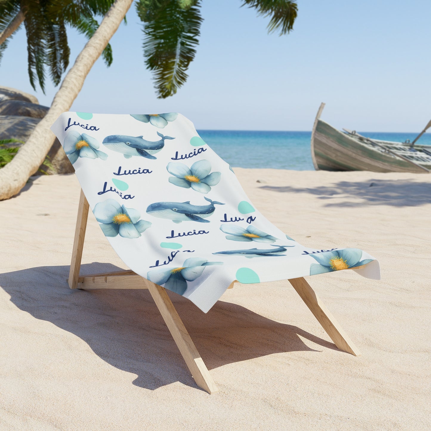 Personalized Dolphin & Plumeria Beach Towel — Custom Name Seaside Towel