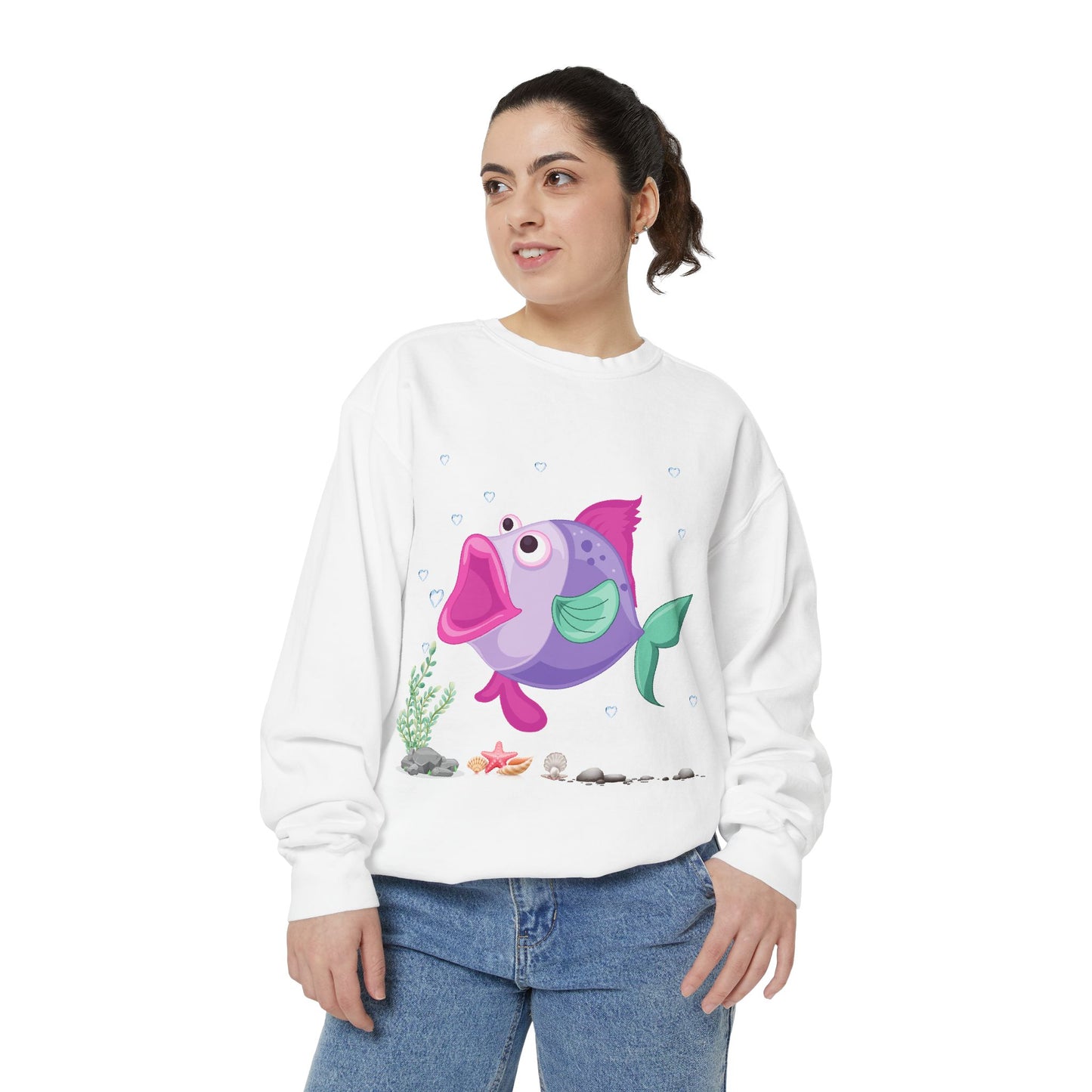 Fish with open mouth bubbles and underwater flora Unisex Garment-Dyed Sweatshirt