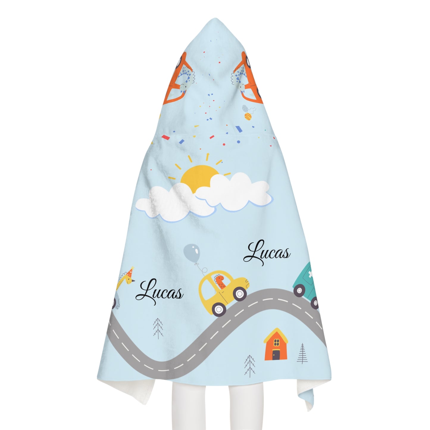 Personalized Kids Hooded Towel - Road Trip Cars Design (Custom Name)