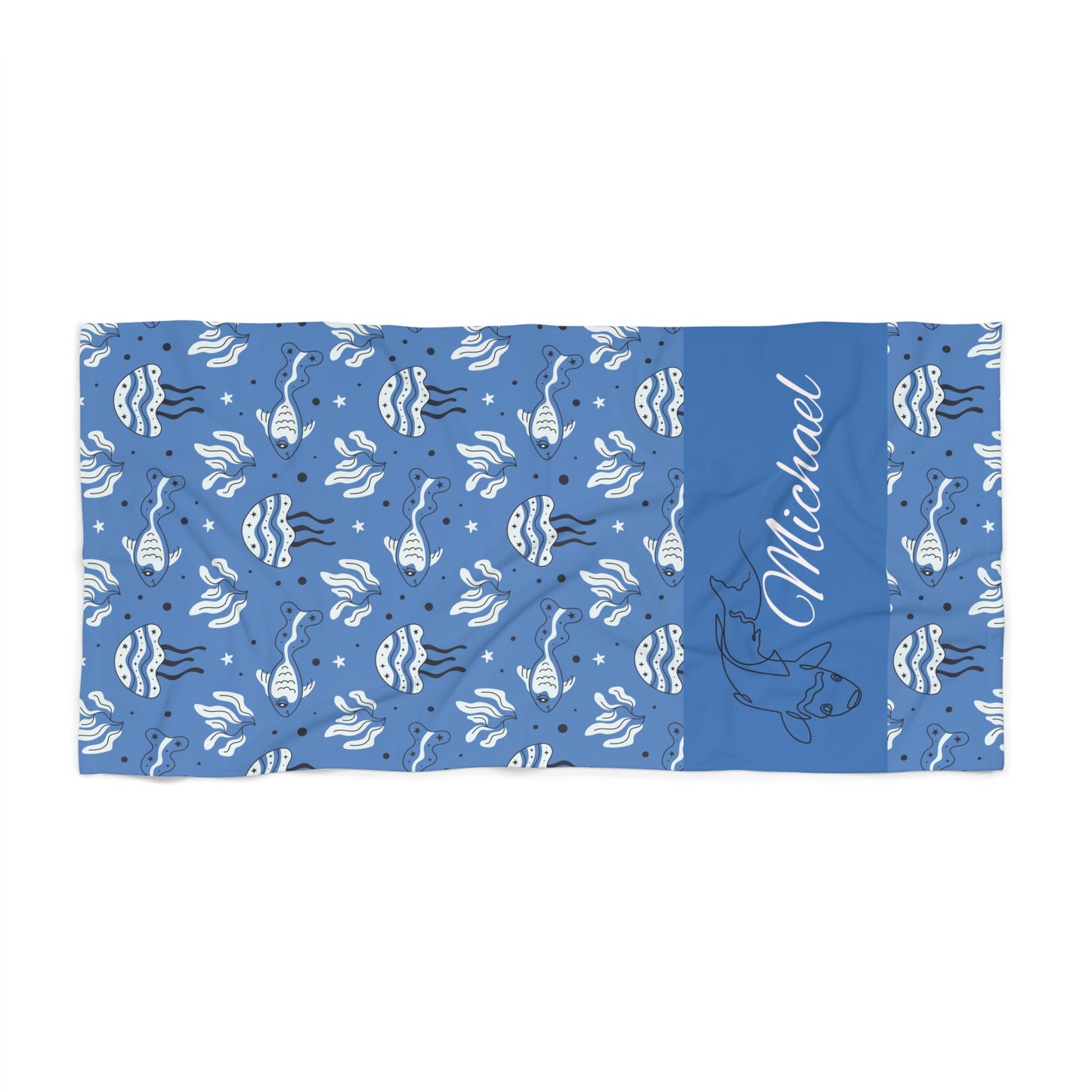 Personalized Blue Fish Beach Towel – Custom Name Coastal Cotton Towel