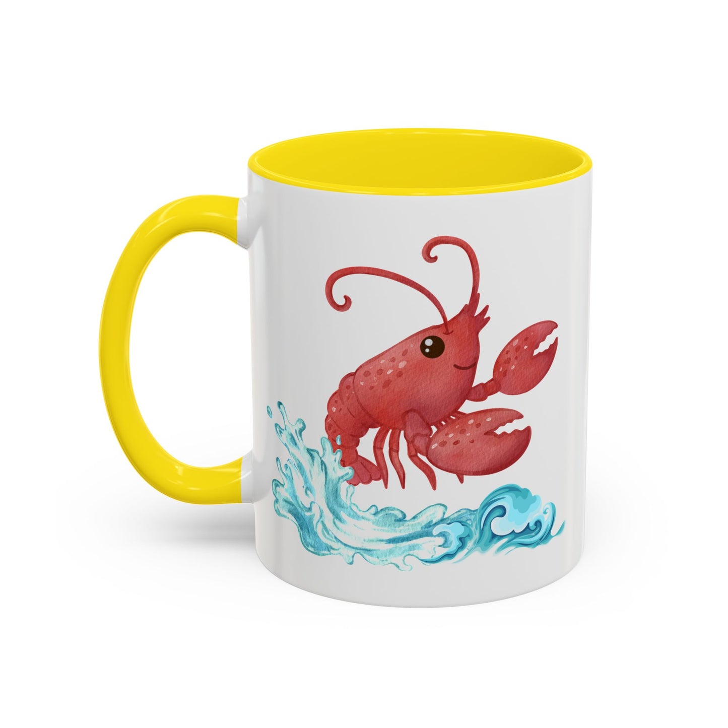 Cheerful red lobster emerging from stylized blue waves Coffee Mug