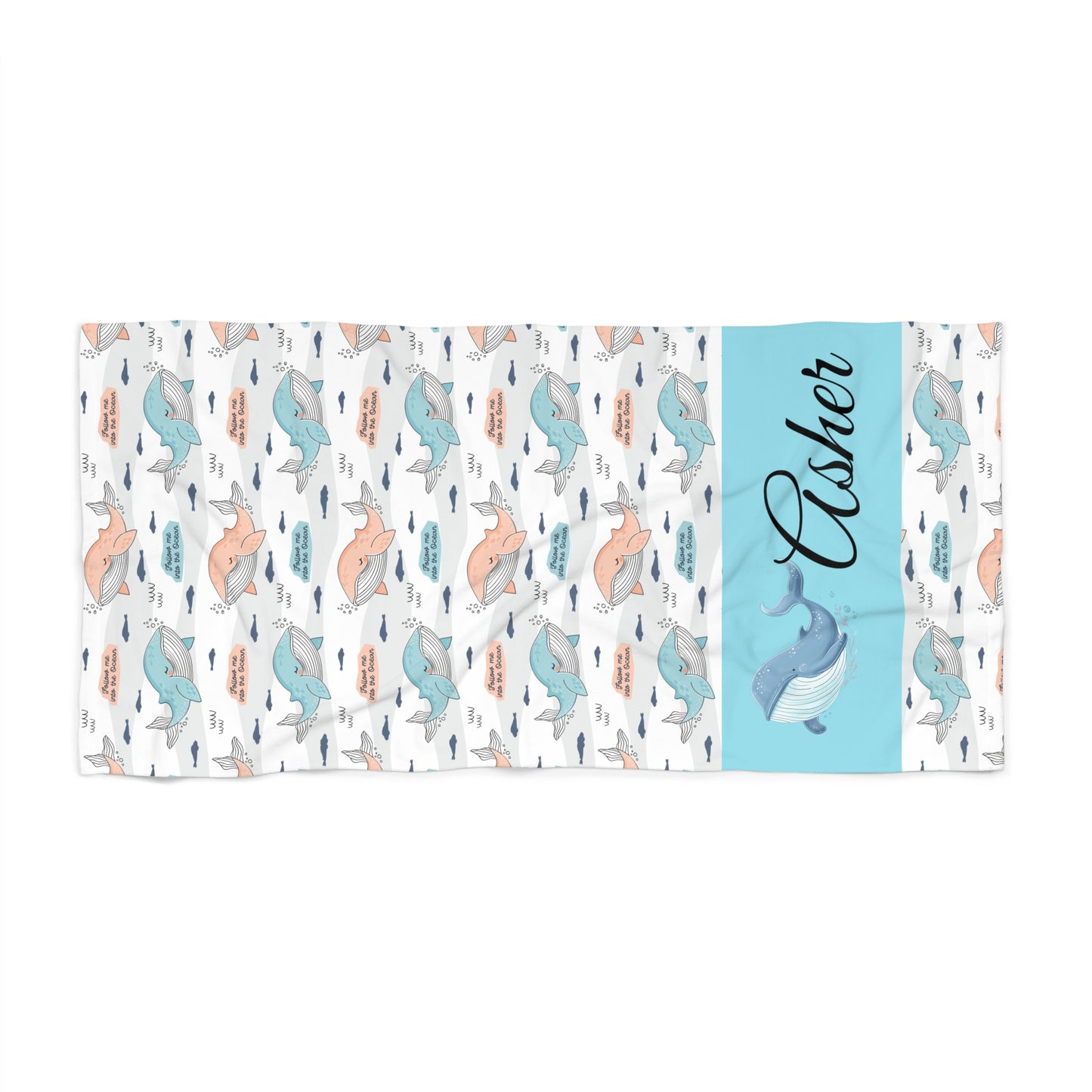 Personalized Whale Beach Towel – Custom Name Coastal Ocean Pattern