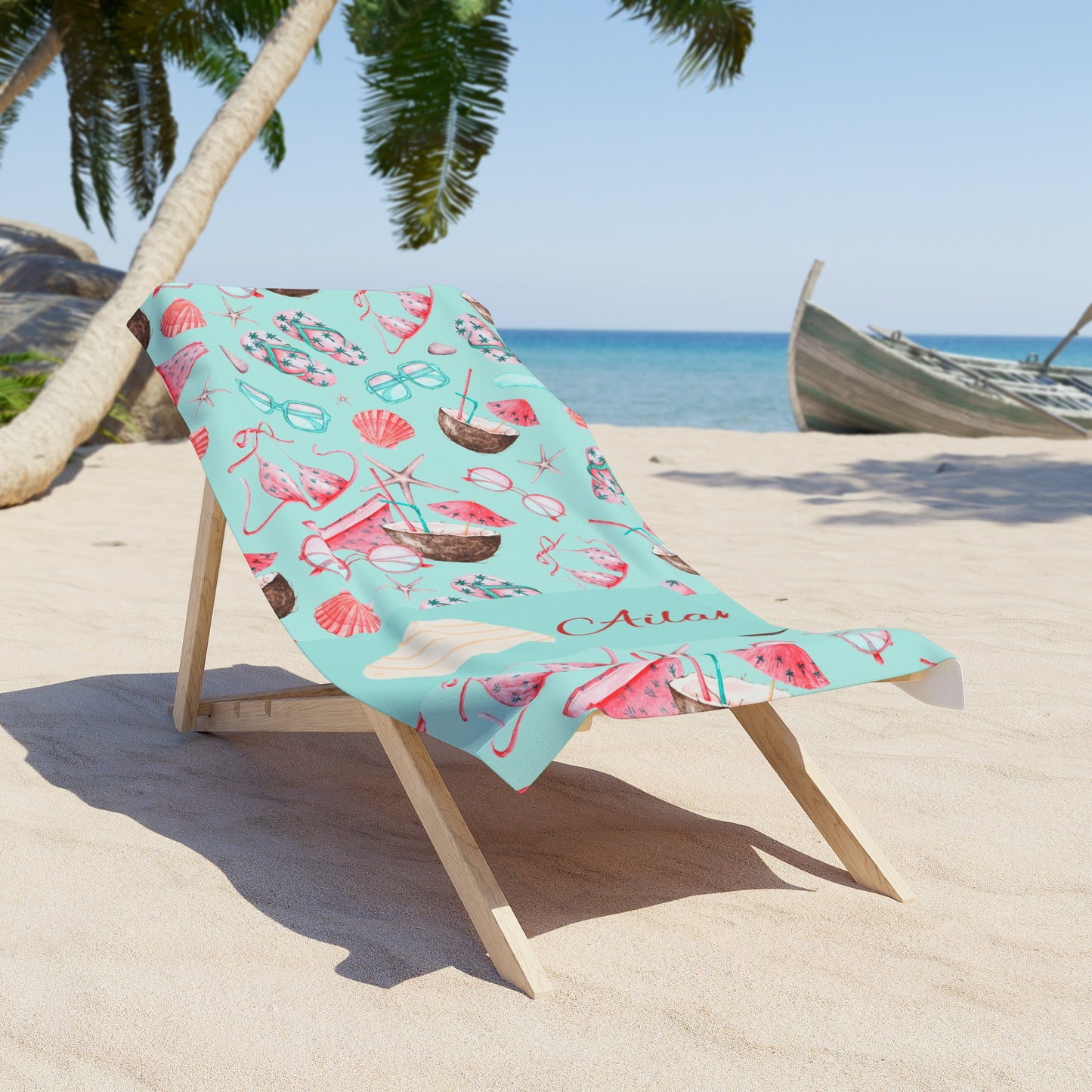 Personalized Seashell Beach Towel — Aqua Shell & Sunglasses Summer Design