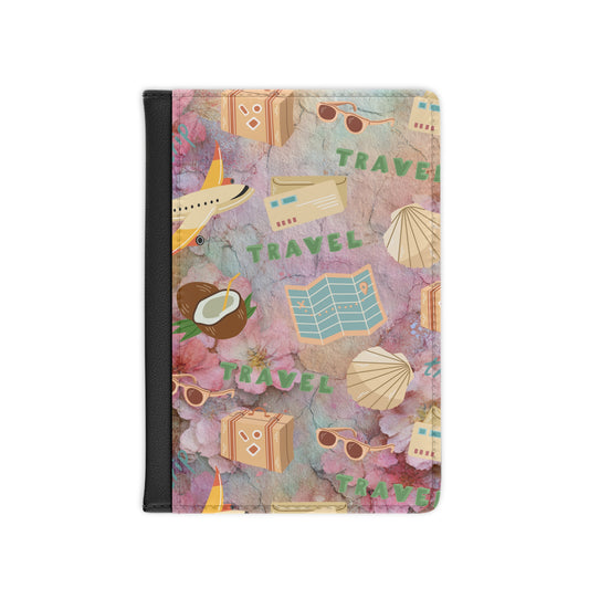 Travel Passport Cover – Tropical Vacation Icons (Plane, Map, Coconut, Seashells, 'TRAVEL' Print)