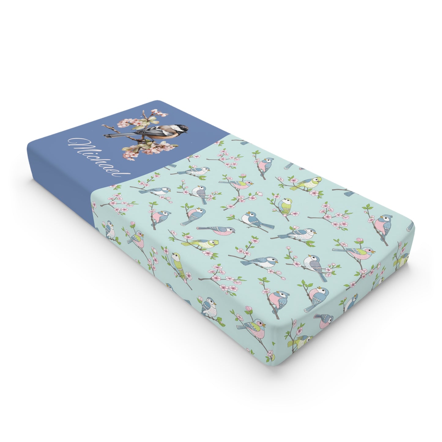 Bird Pattern Baby Changing Pad Cover — Personalized Blue Floral Nursery