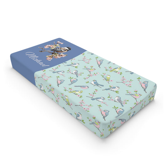 Bird Pattern Baby Changing Pad Cover — Personalized Blue Floral Nursery