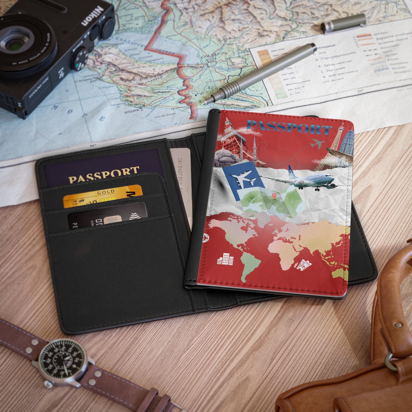 Travel Collage Passport Cover — World Map & Airplane Passport Holder
