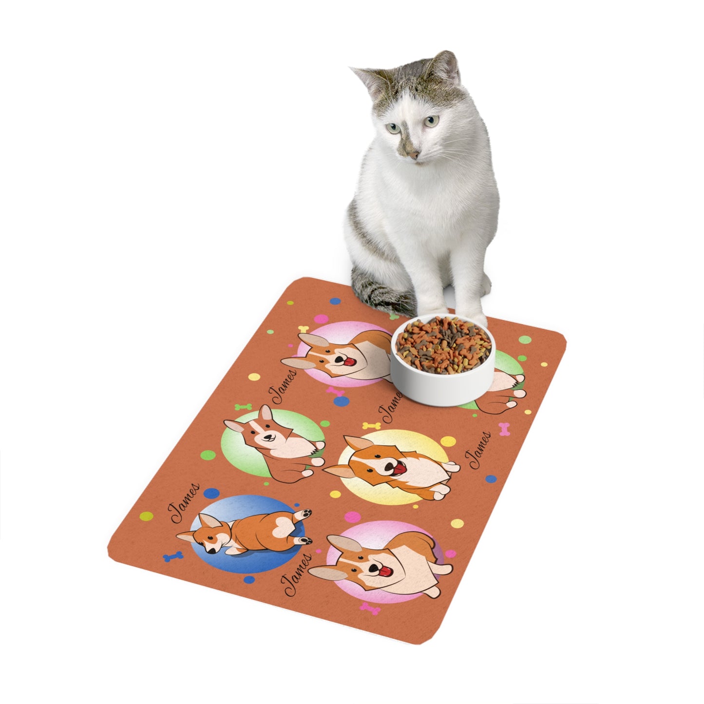 Corgi Pattern Personalized Pet Food Mat (12x18) — Cute Custom Name Dog Feeding Placemat