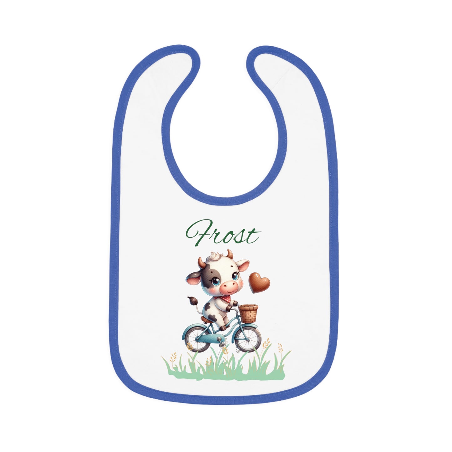 Personalized Baby Bib — Cute Cow on Bike Design with Name 'Frost'