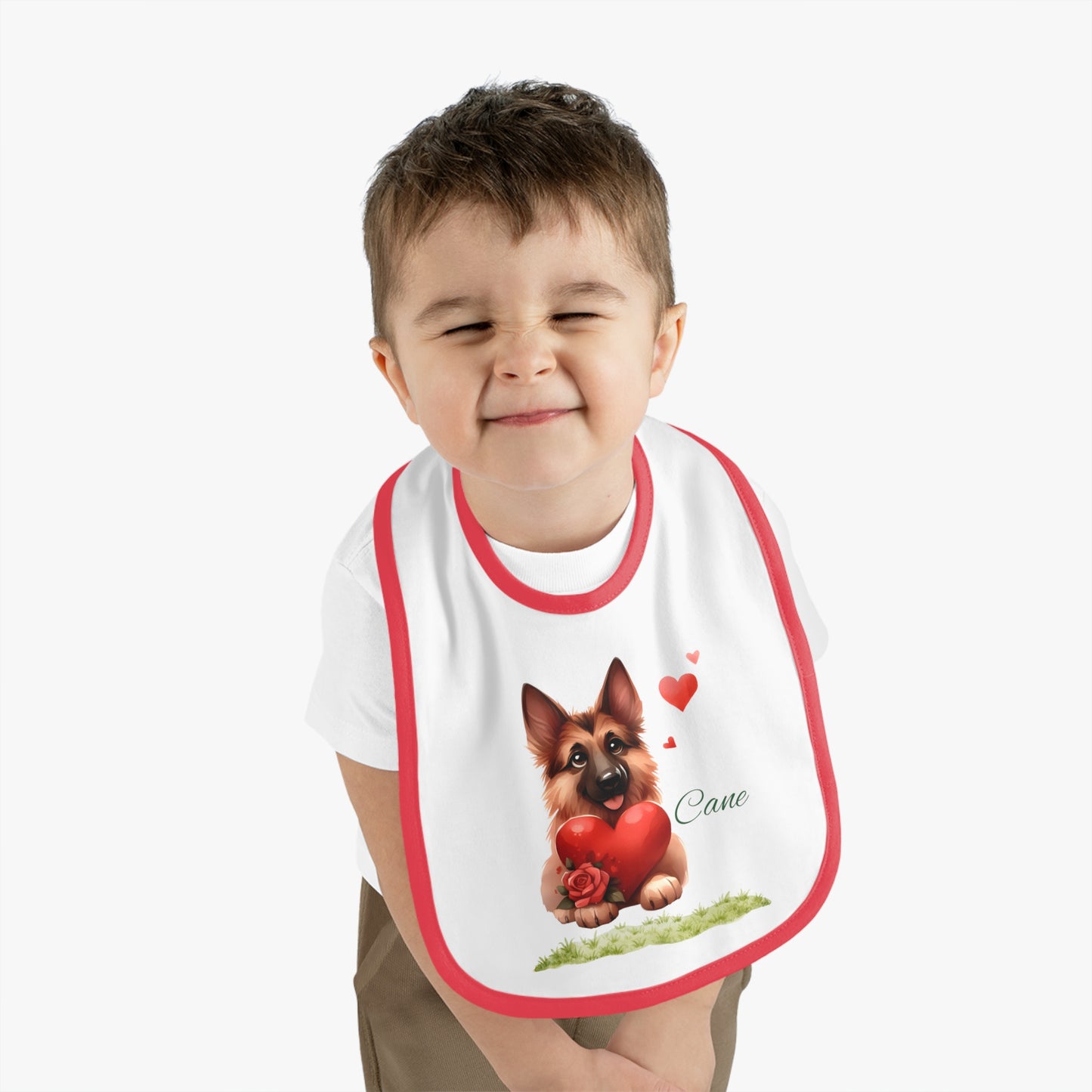 German Shepherd Baby Bib — Cute Puppy Holding Heart Valentine Infant Bib