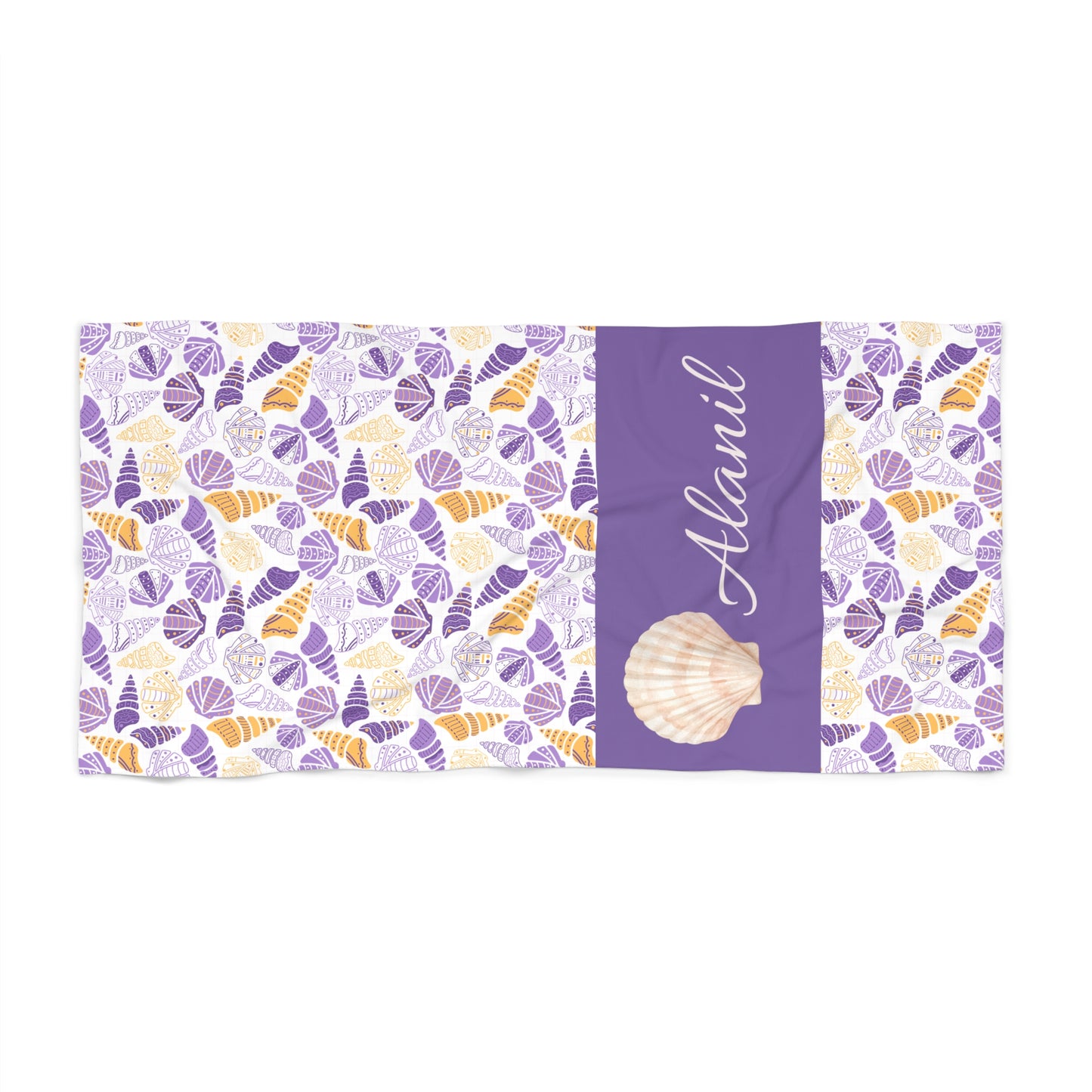 Personalized Purple Seashell Beach Towel — Custom Name Tropical Shell Pattern