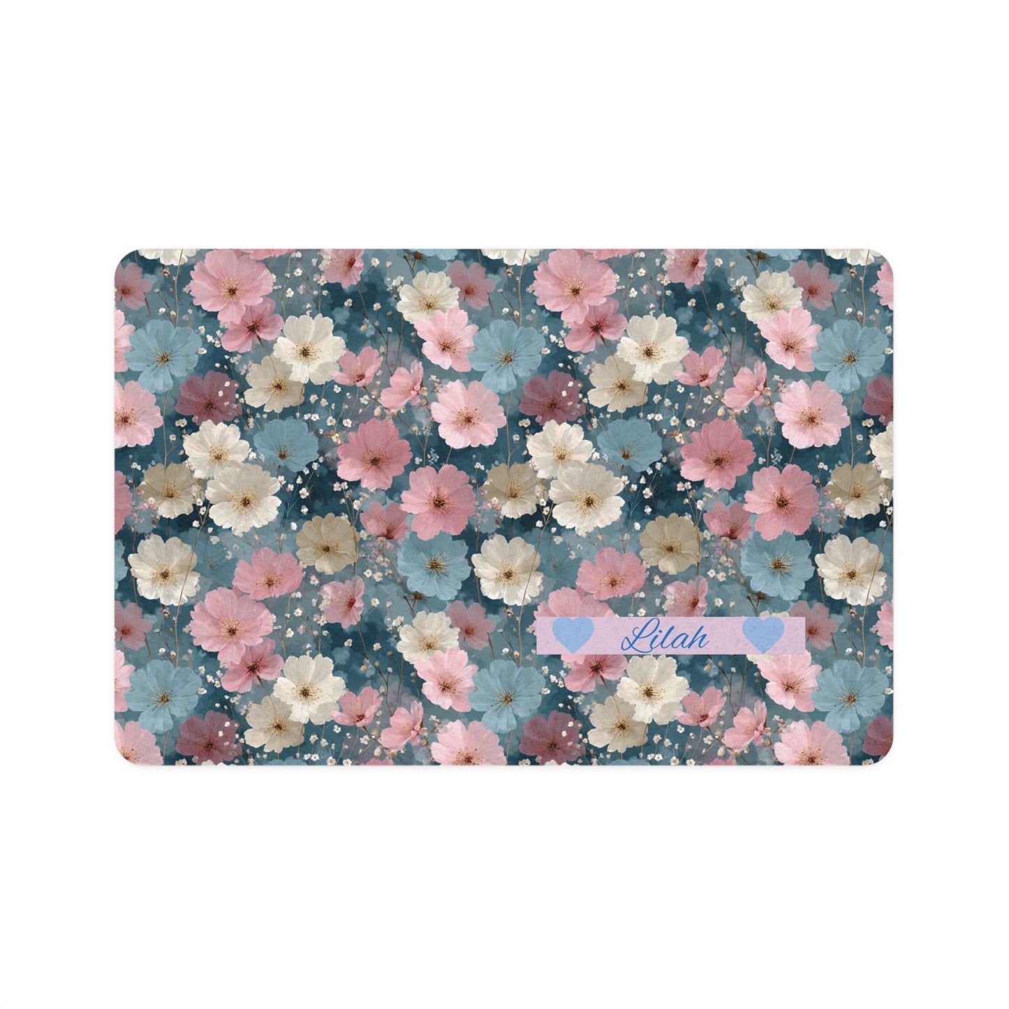 Floral Personalized Pet Food Mat (12x18) — Blue Pink Blossom Feeding Mat