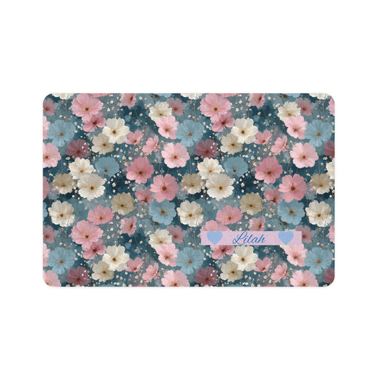 Floral Personalized Pet Food Mat (12x18) — Blue Pink Blossom Feeding Mat