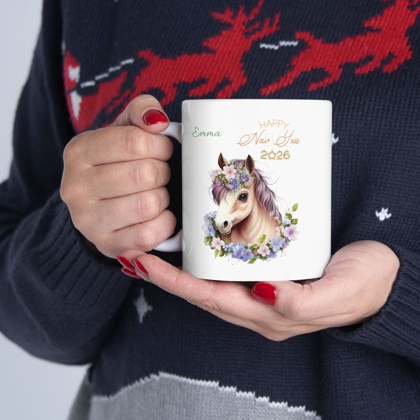 Floral Horse Ceramic Mug – Personalized "Emma" Coffee Cup (11oz & 15oz)