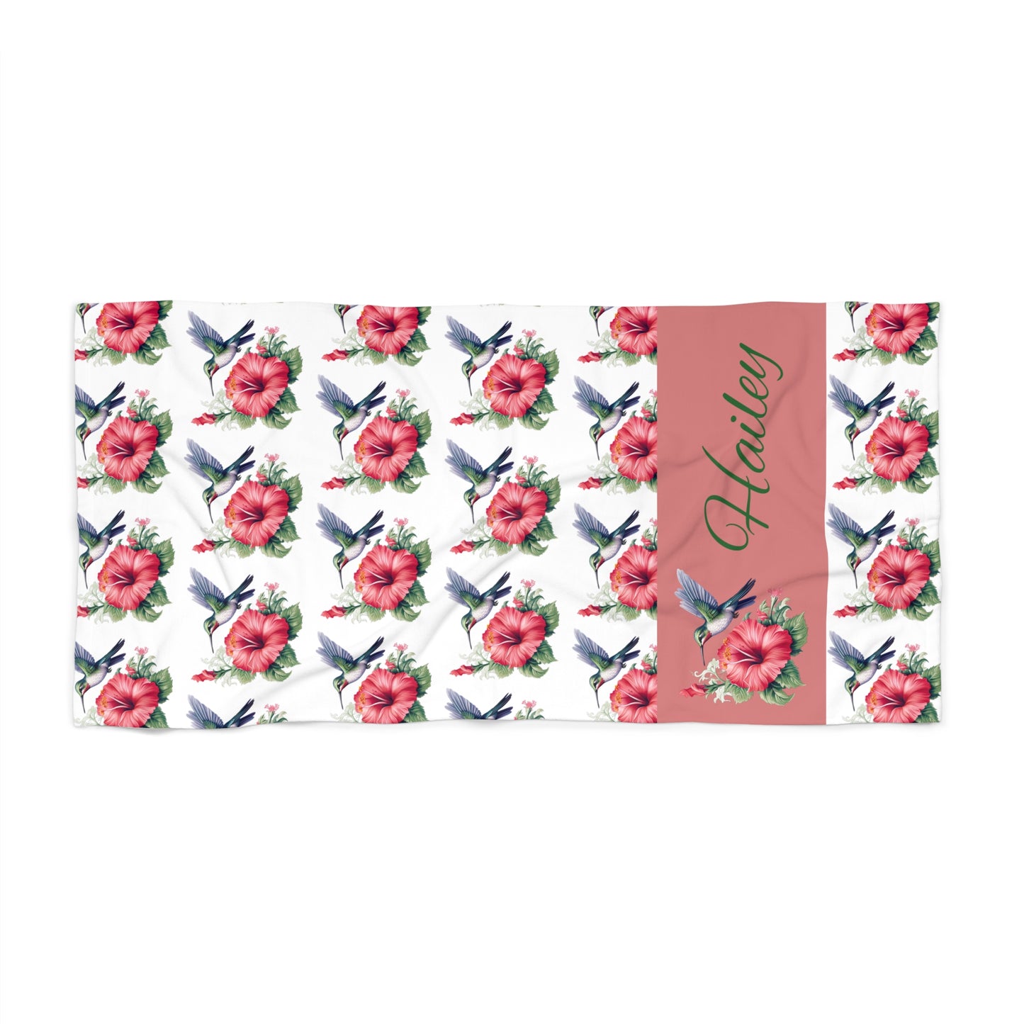 Personalized Floral Hummingbird Beach Towel — Custom Name (e.g., Hailey)