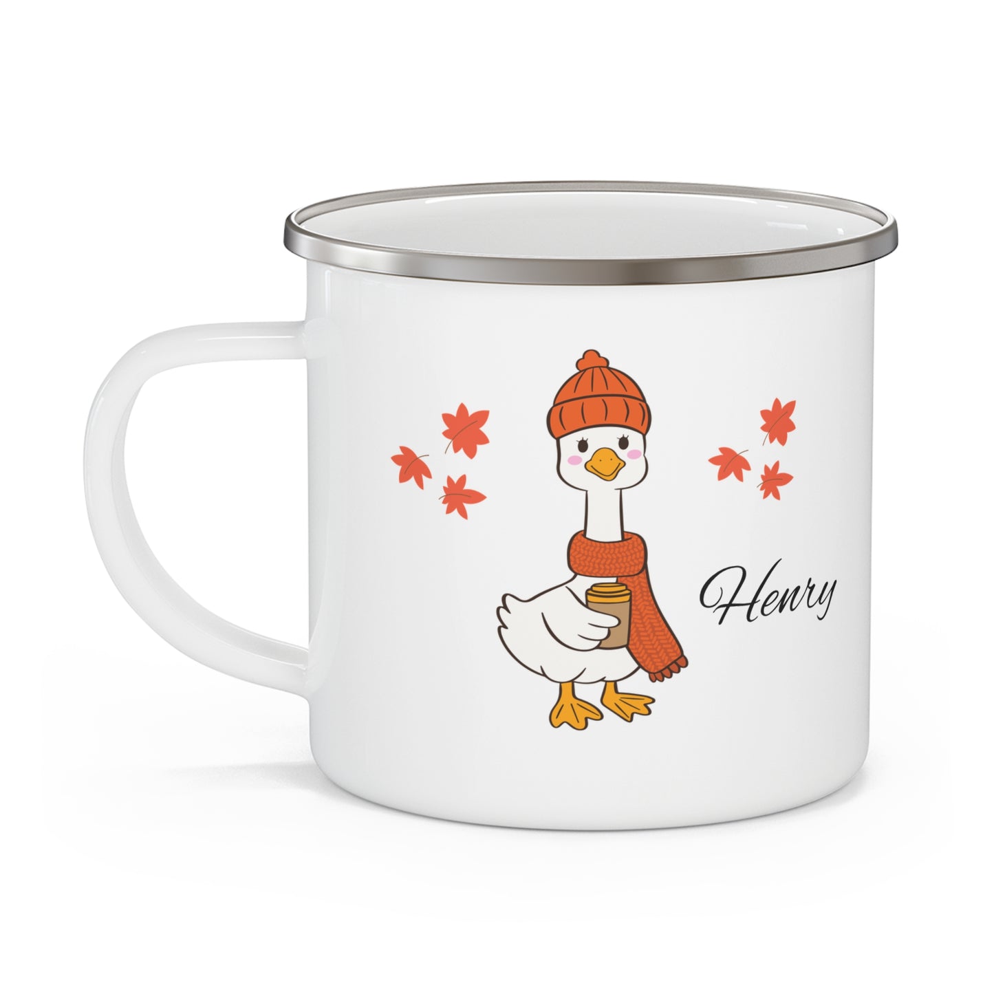 Personalized Fall Enamel Camping Mug with Cute Goose Design