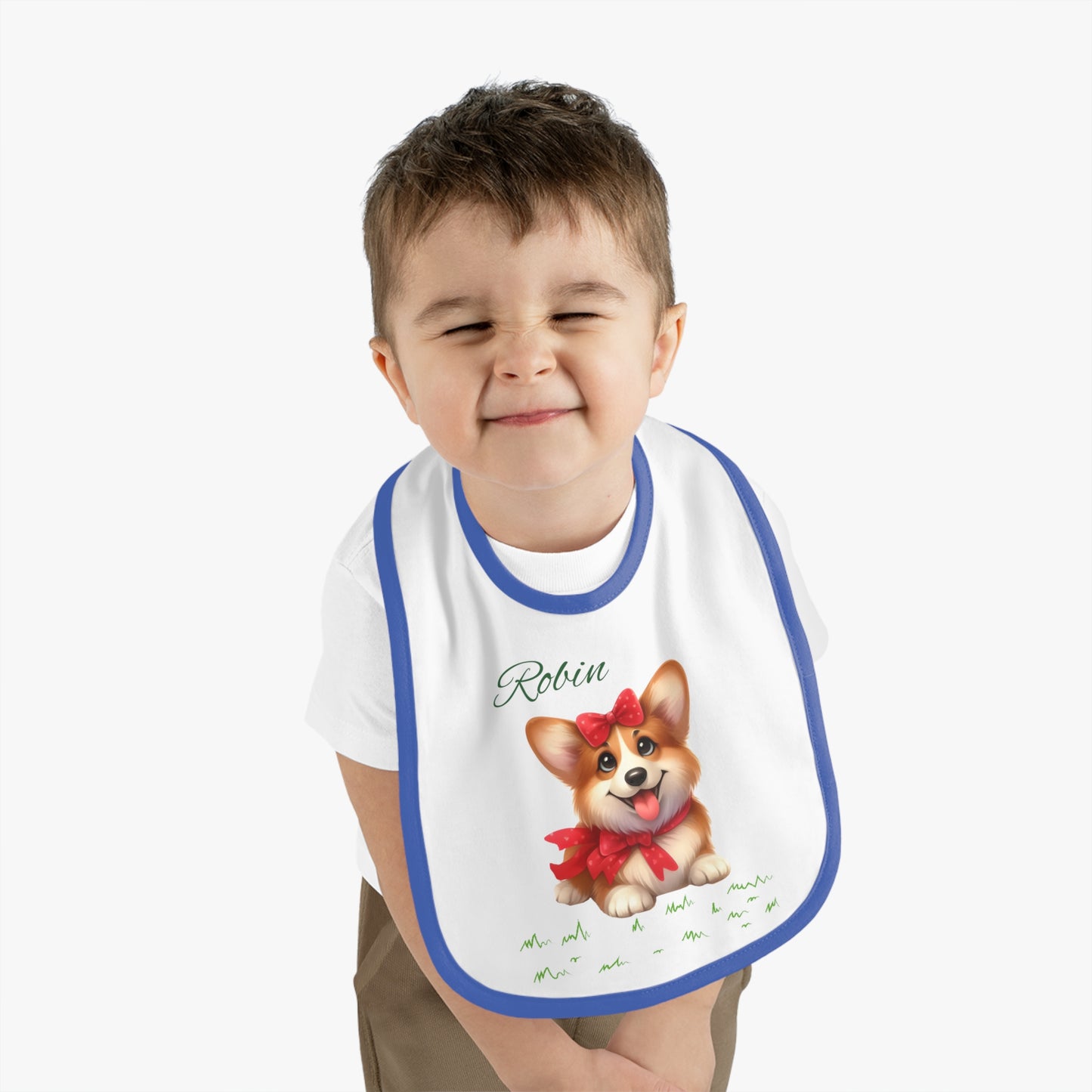 Personalized Corgi Baby Bib — Custom Name Contrast-Trim Jersey Bib