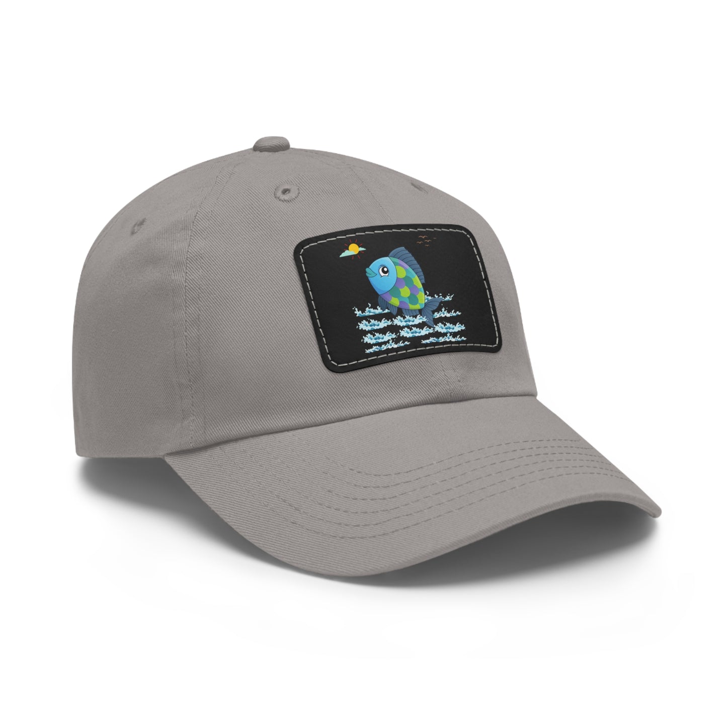 Fish with a sun and birds in the sky above water Dad Hat with Leather Patch (Rectangle)