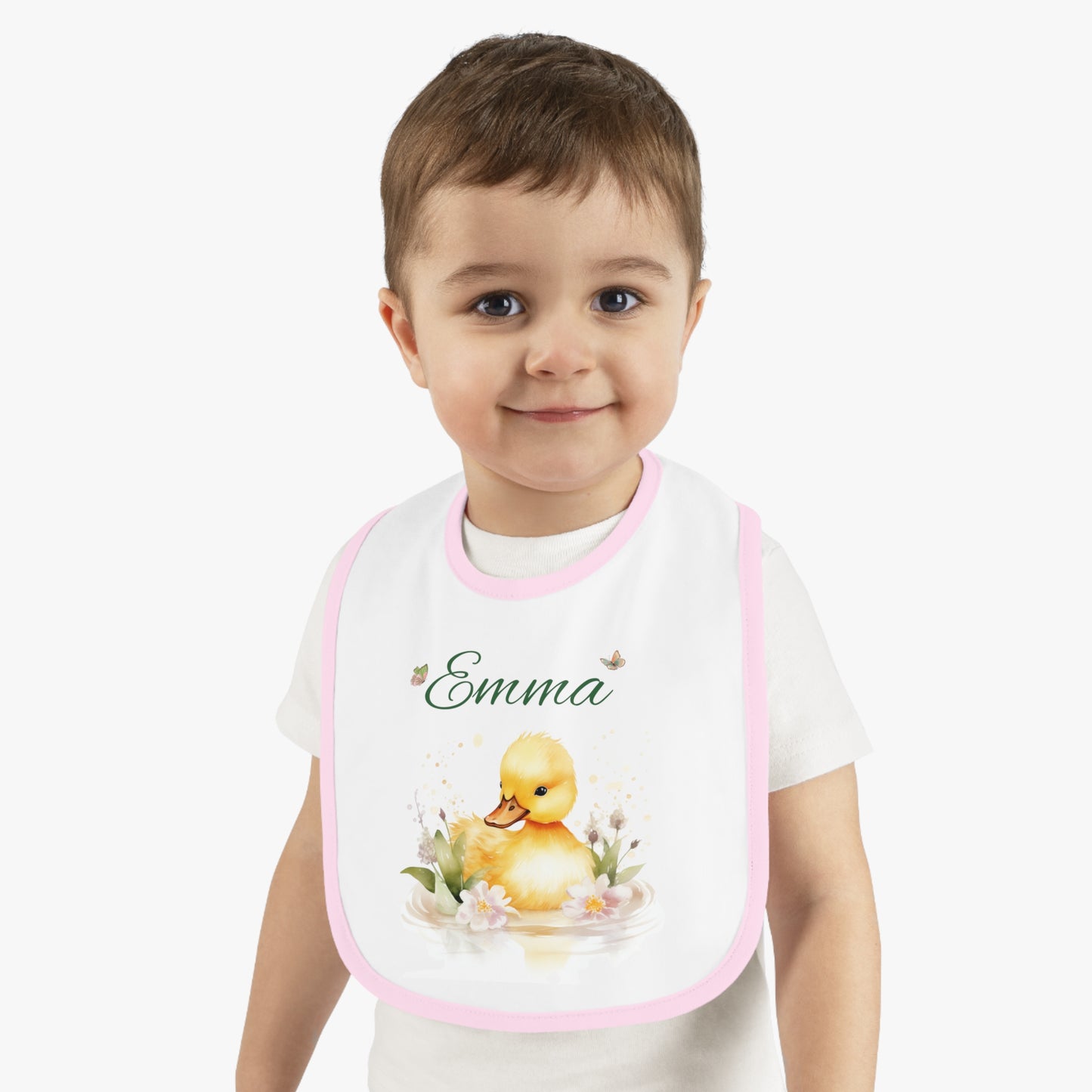 Personalized Duckling Baby Bib — Custom Name Infant Contrast Trim Feeding Bib