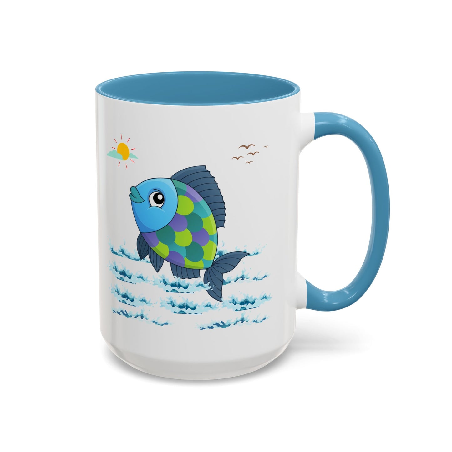Fish with a sun and birds in the sky above water Coffee Mug