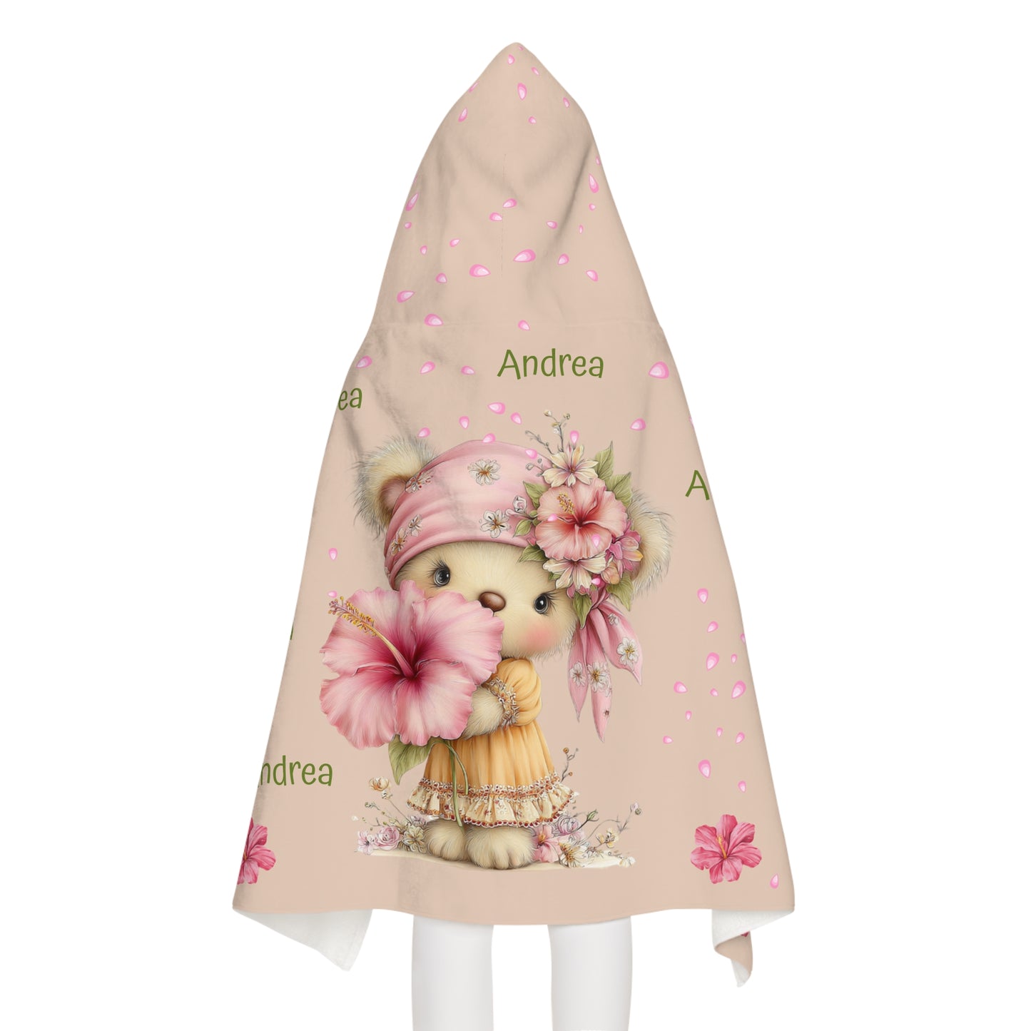 Personalized Kids Hooded Towel - Pink Floral Bear with Name (Andrea)