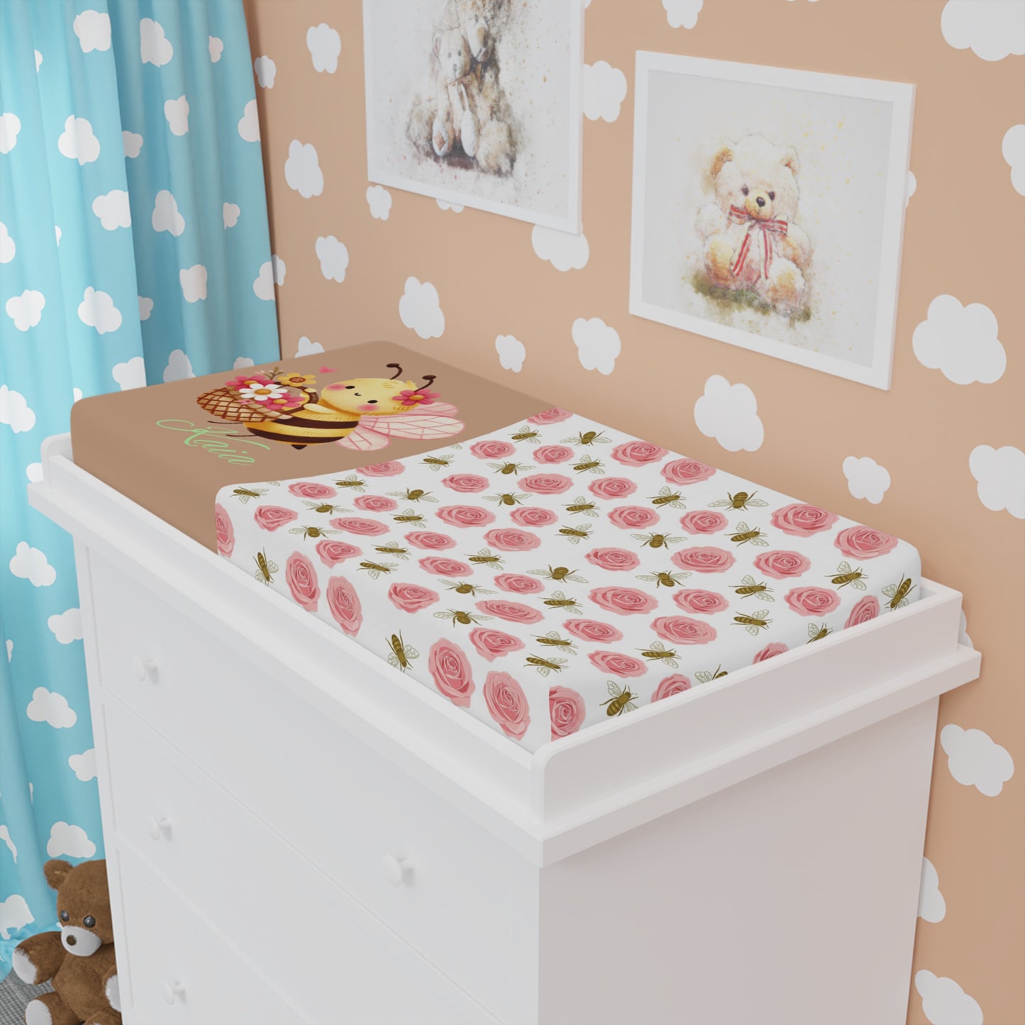 Baby Changing Pad Cover - Floral Rose & Cute Bee Nursery Bedding