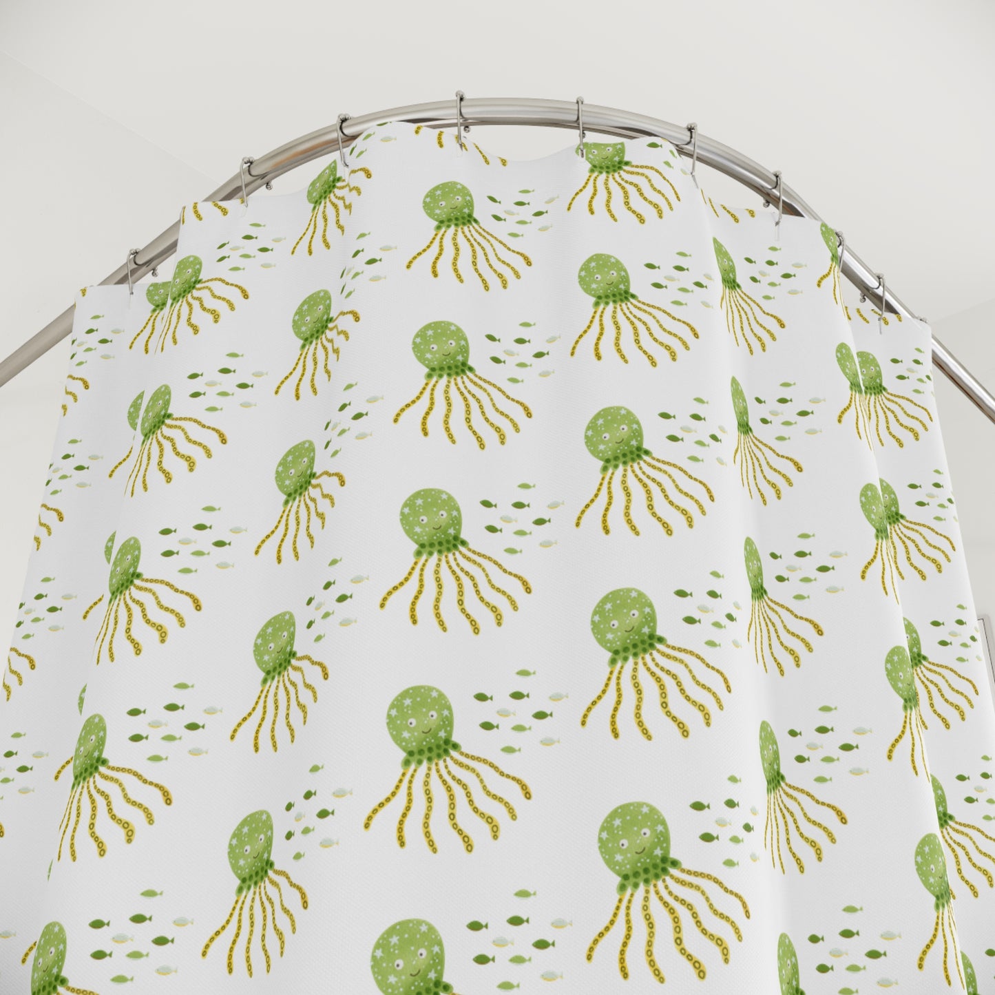 Octopus Pattern Shower Curtain — Green Watercolor Sea Life Bathroom Decor