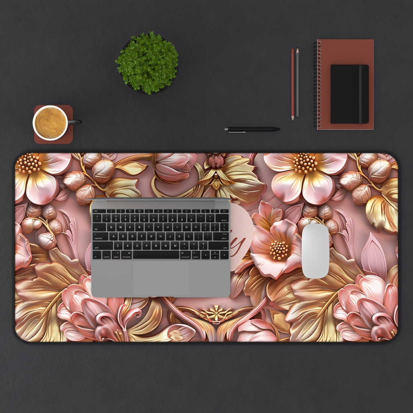 Personalized Floral Desk Mat — Rose Gold Heart Name Desk Pad