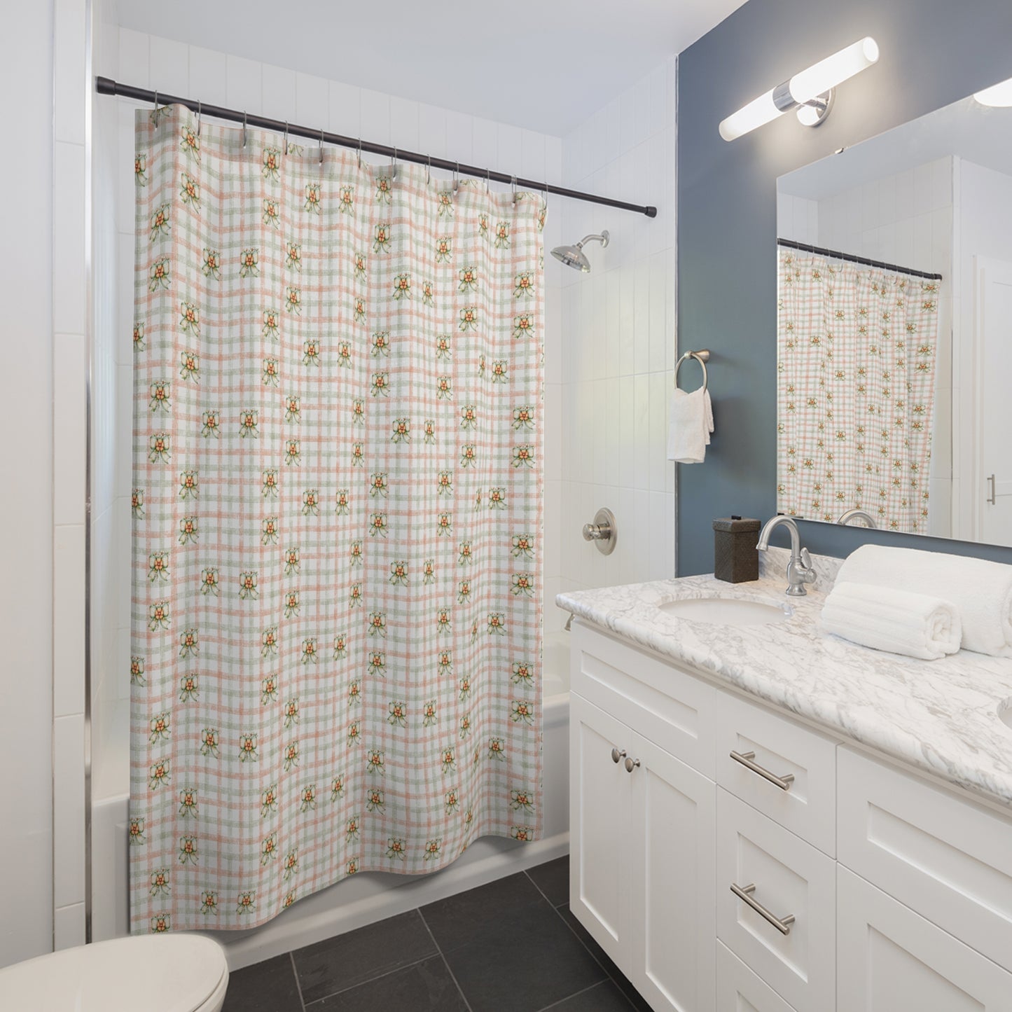 Floral Plaid Shower Curtain — Vintage Cottage Rose Bath Curtain