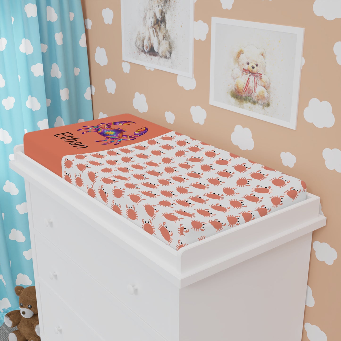 Crab Pattern Baby Changing Pad Cover — Personalized Coral Nursery Accent