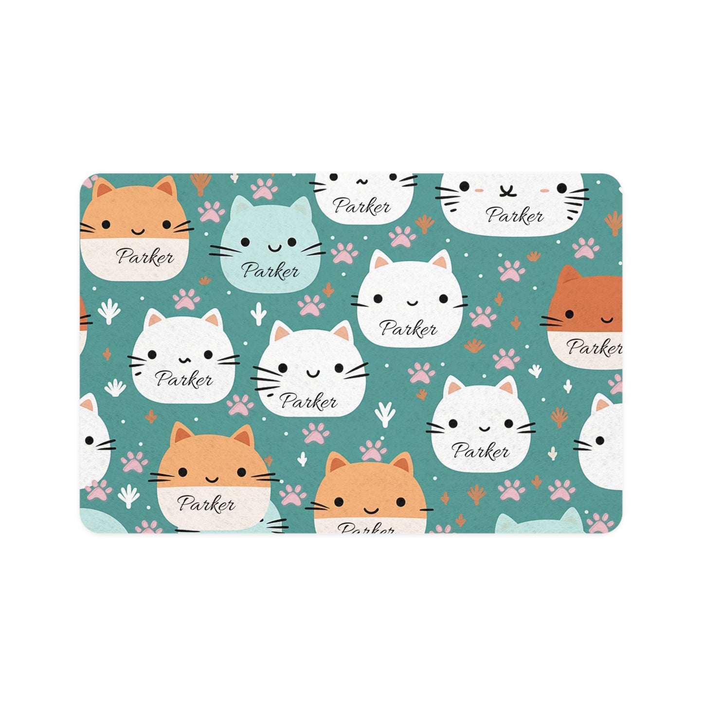 Personalized Cat Face Pet Food Mat (12x18) – Cute Kawaii Cat Bowls Placemat, Custom Name "Parker"