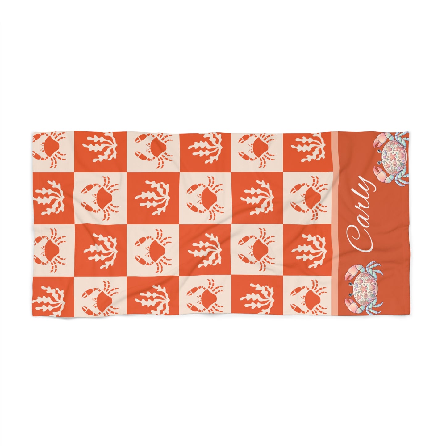 Personalized Coastal Crab Beach Towel — Nautical Orange Plaid Design