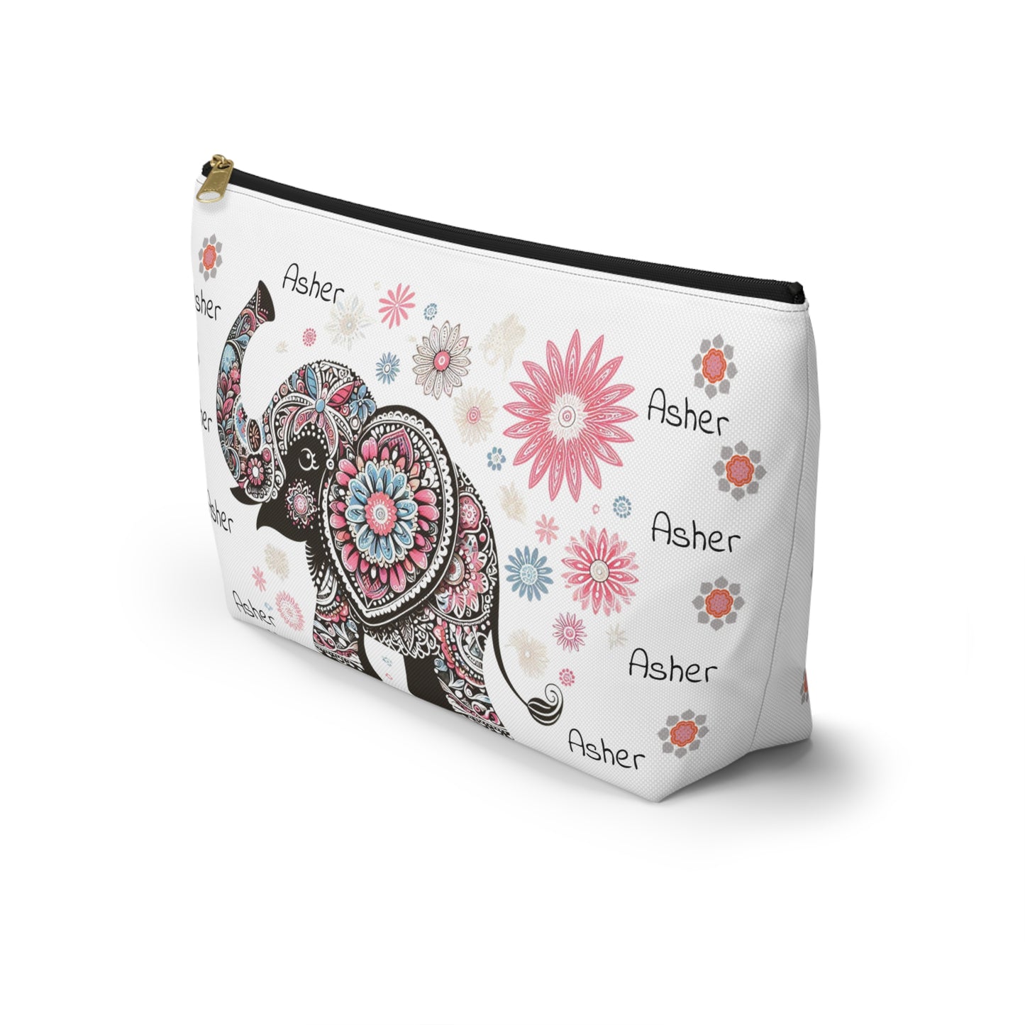 Personalized Elephant Accessory Pouch — Floral T-Bottom Makeup Bag