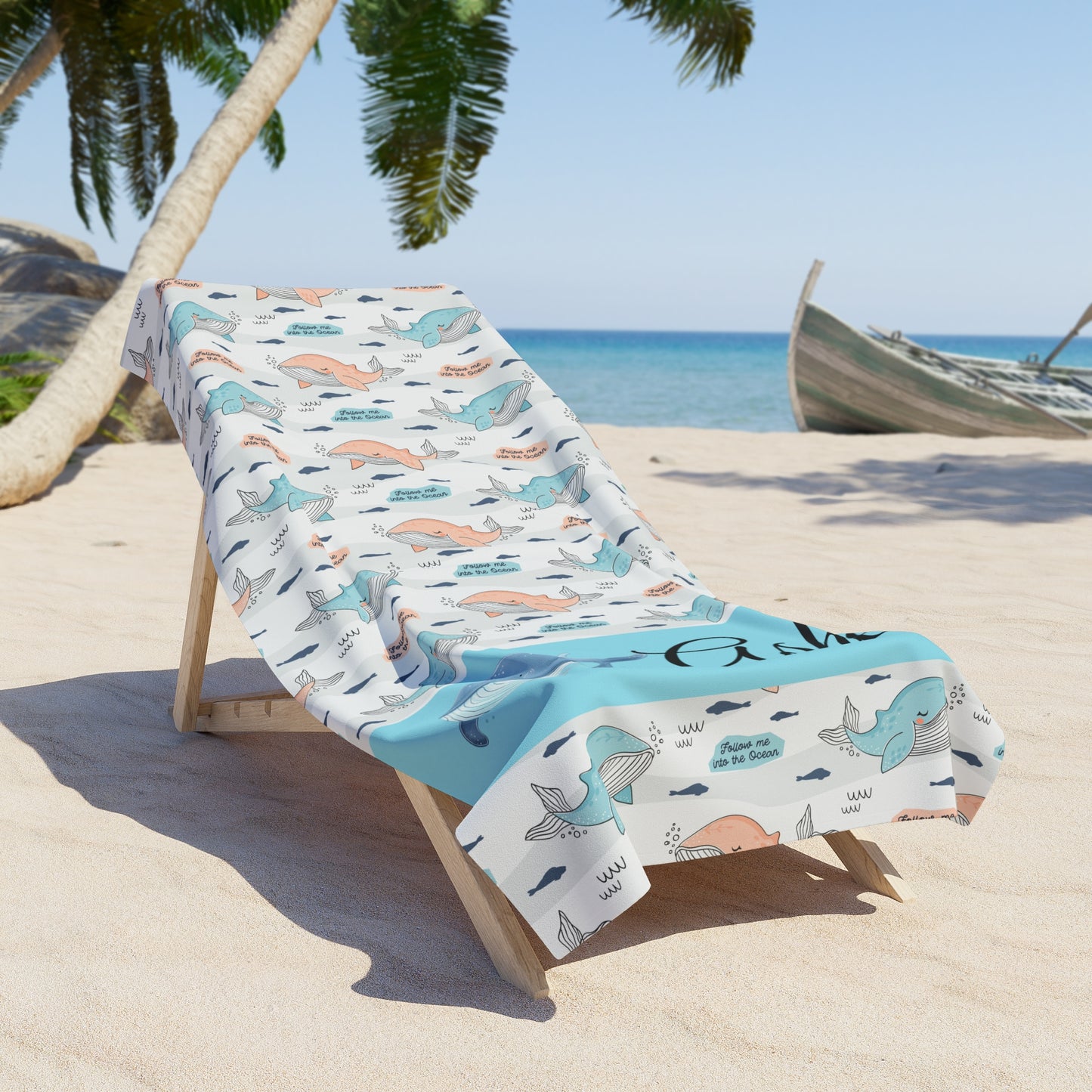 Personalized Whale Beach Towel – Custom Name Coastal Ocean Pattern