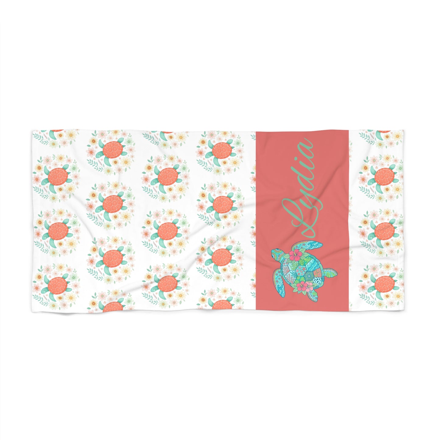 Personalized Sea Turtle Beach Towel — Coral Floral Pattern with Name