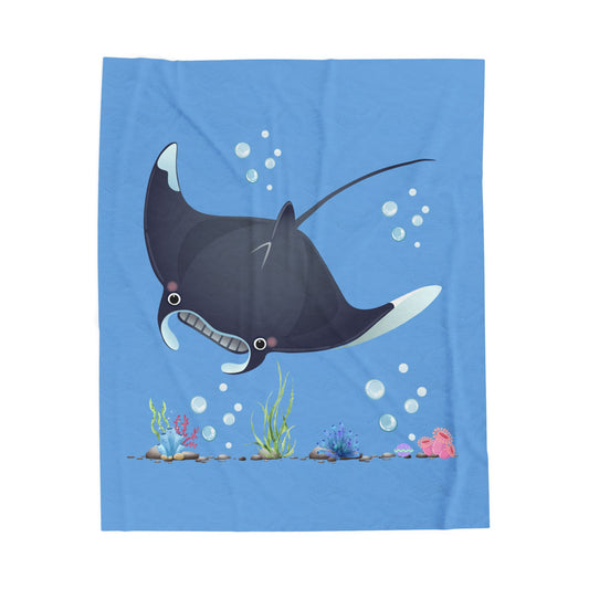 Manta ray with bubbles and coral reef Velveteen Plush Blanket
