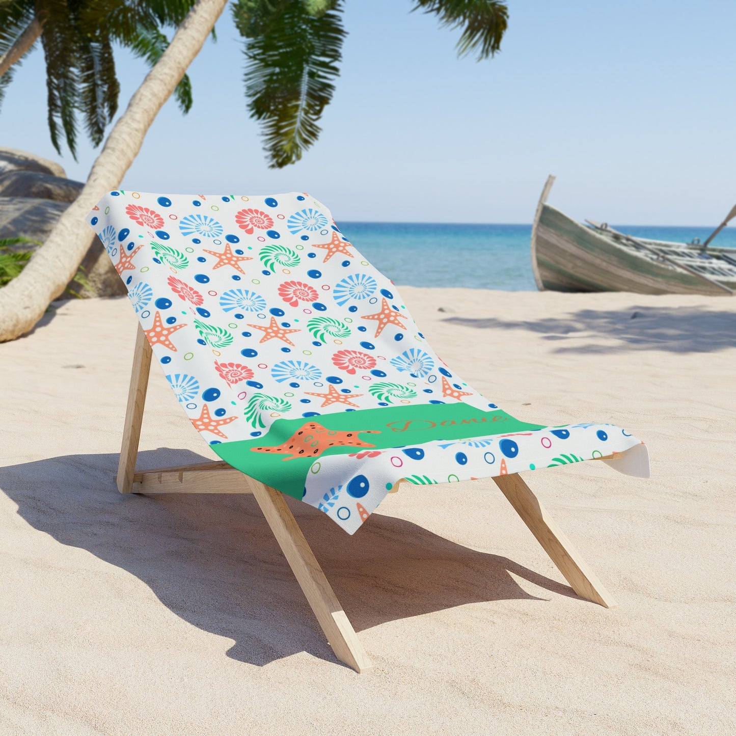 Personalized Starfish Beach Towel – Nautical Seashell Pattern, Custom Name Option