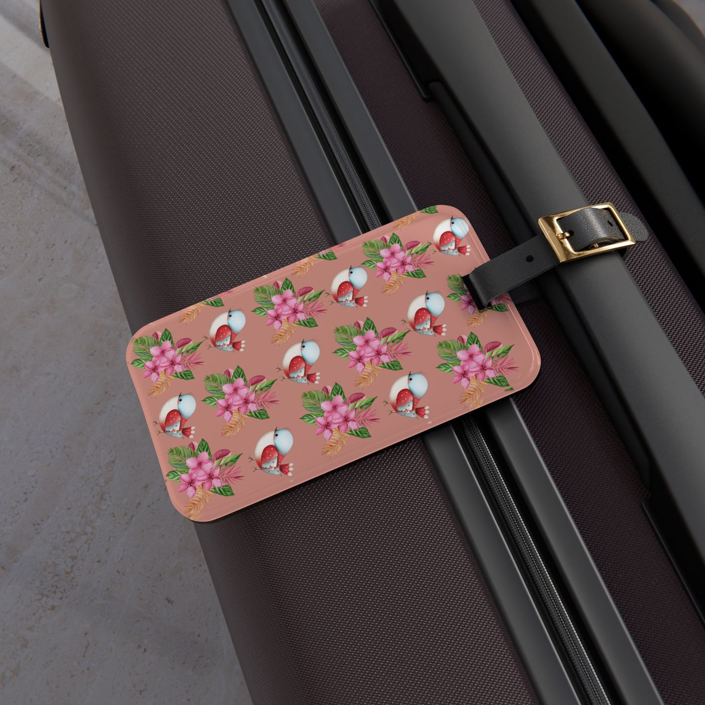 Floral Chickadee Luggage Tag — Cute Pink Bird & Blossom Travel ID
