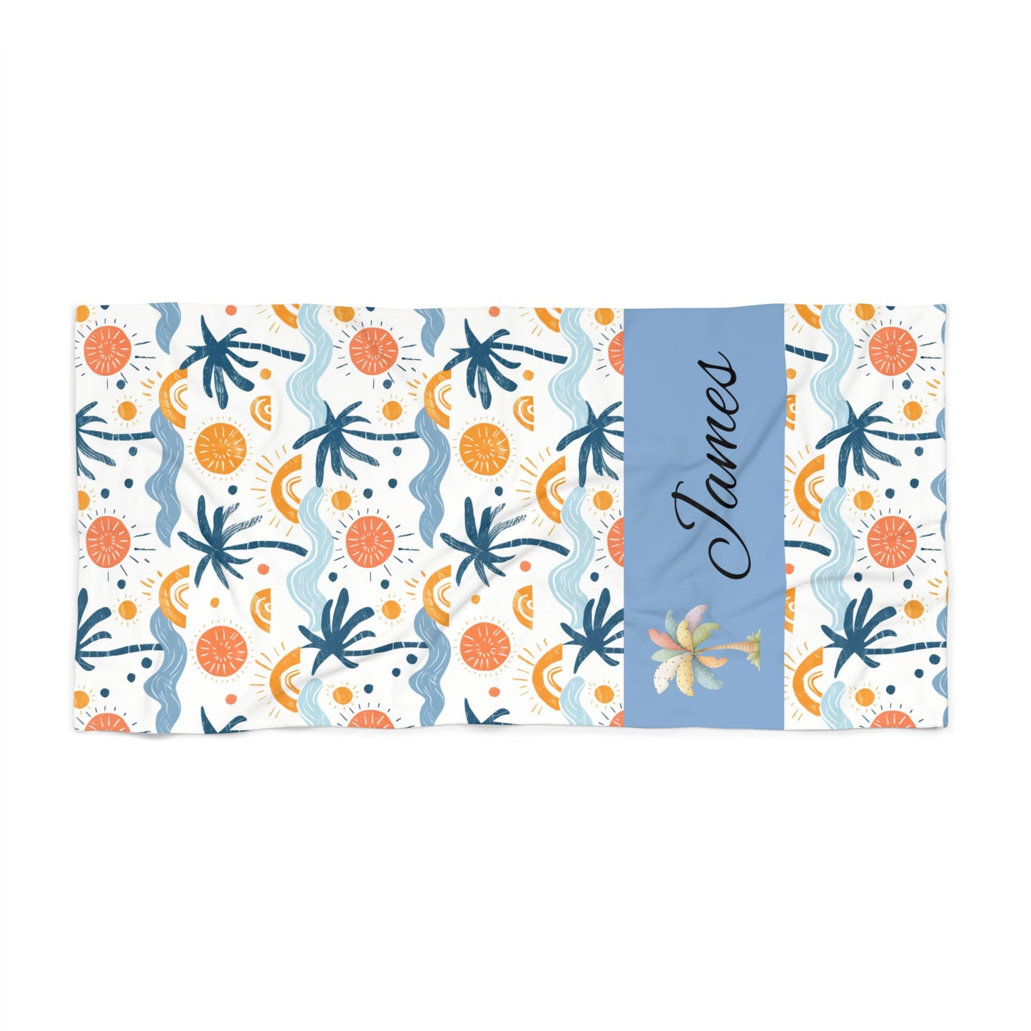 Personalized Tropical Beach Towel — Custom Name Palm Trees & Sun Pattern