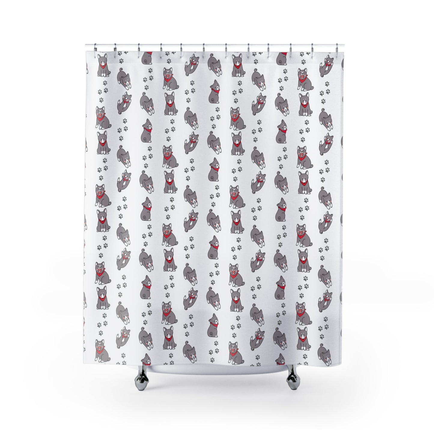 Shower Curtain — Cute Grey Husky Pattern with Red Bandana, Paw Print Bathroom Decor