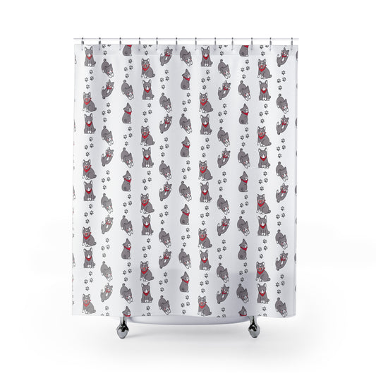 Shower Curtain — Cute Grey Husky Pattern with Red Bandana, Paw Print Bathroom Decor