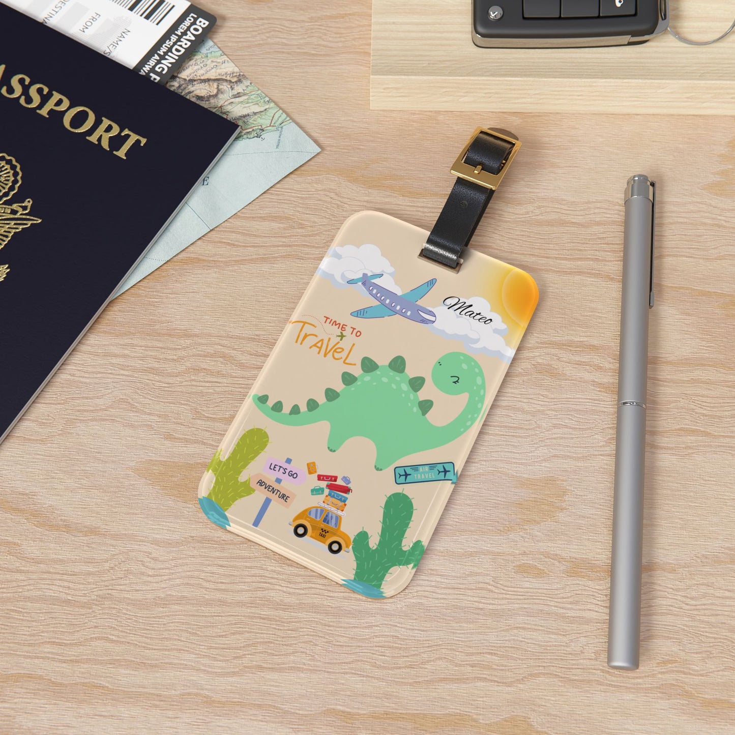 Kids Dinosaur Travel Luggage Tag — Personalized 'Time to Travel' ID Tag