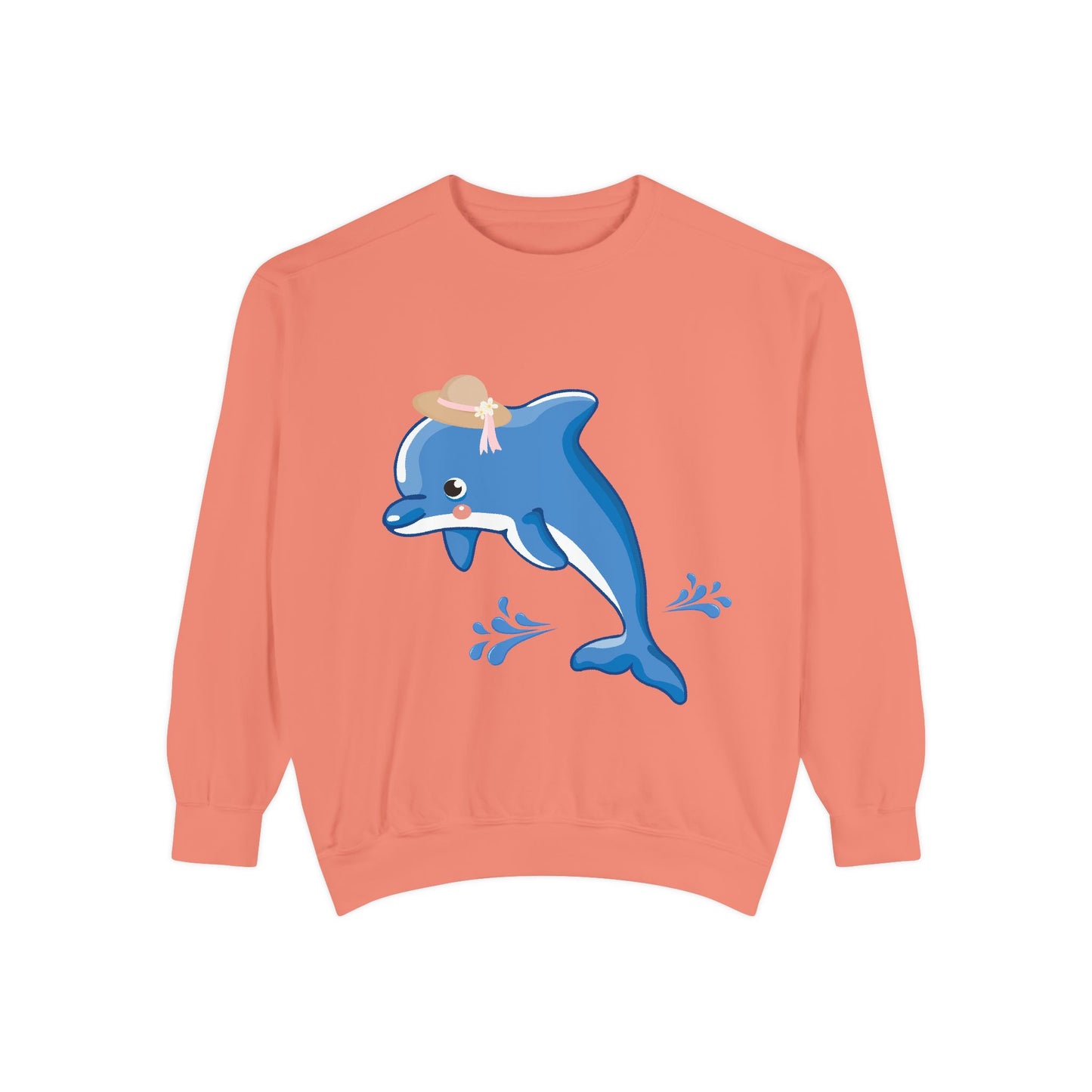 Dolphin wearing a straw hat with stylized water splashes Unisex Garment-Dyed Sweatshirt