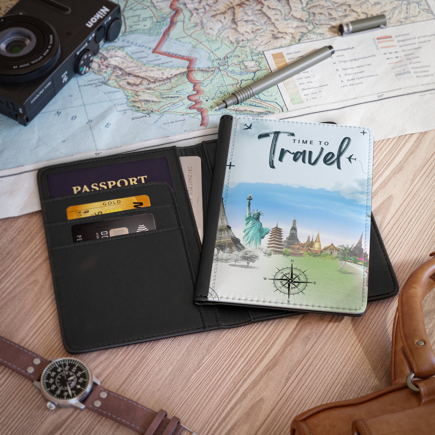 Travel Passport Cover — "Time to Travel" World Landmarks Passport Holder