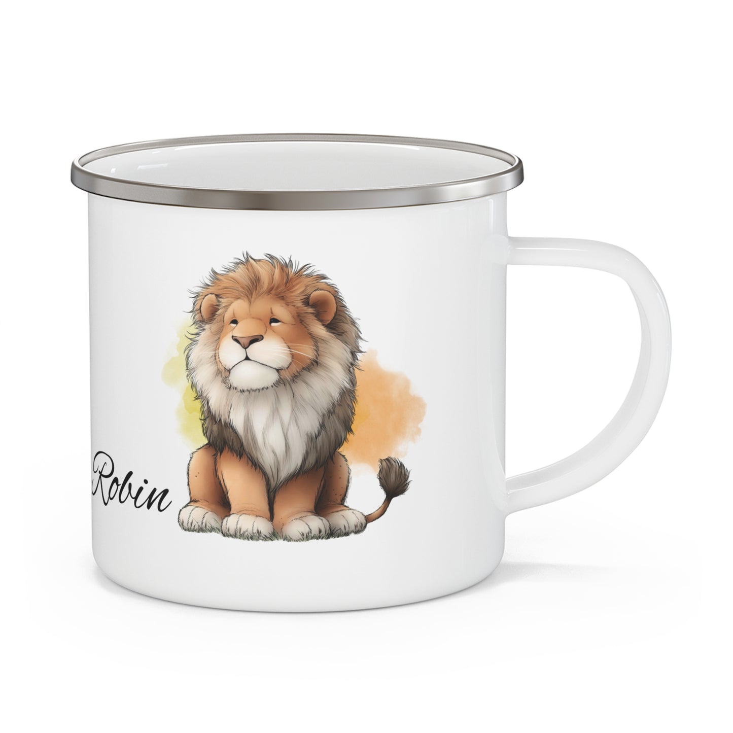 Lion Name Enamel Camping Mug — Personalized "Robin" Rustic Adventure Camper Cup
