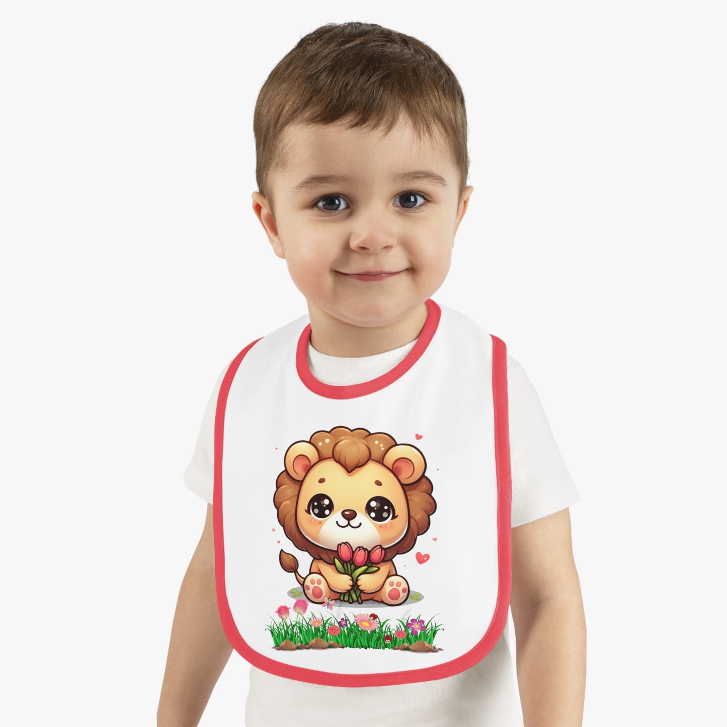 Baby Bib — Cute Lion Holding Flowers, Contrast Trim Infant Feeding Bib