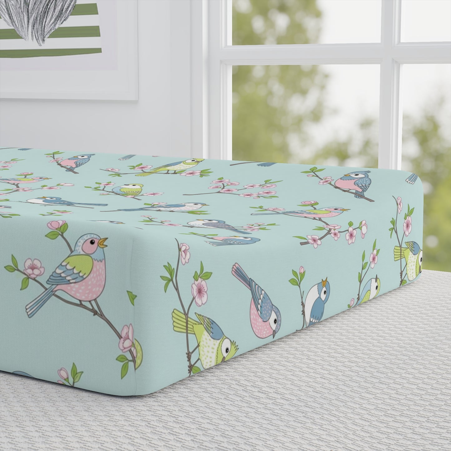 Bird Pattern Baby Changing Pad Cover — Personalized Blue Floral Nursery