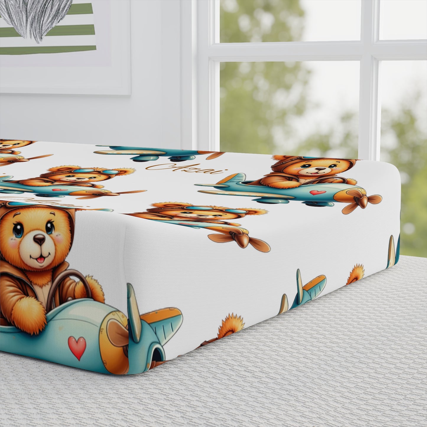 Bear Pilot Baby Changing Pad Cover — Cute Airplane Nursery Print