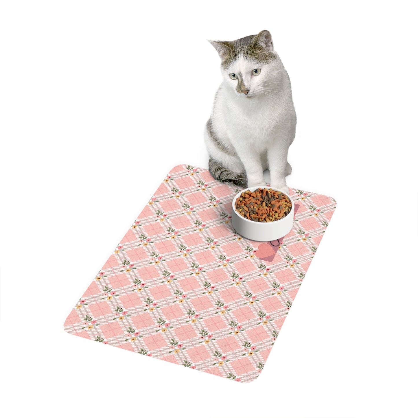 Personalized Pink Plaid Pet Food Mat (12x18) — Custom Name Heart