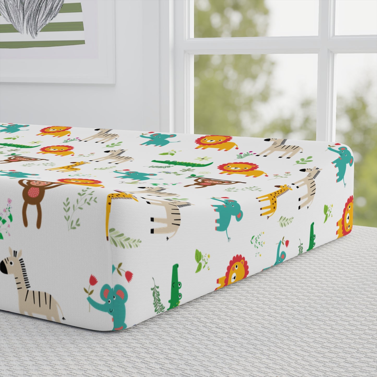 Safari Animal Baby Changing Pad Cover — Cute Lion, Giraffe & Elephant Nursery Sheet